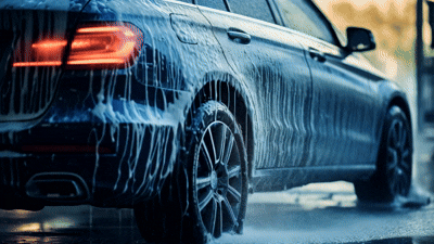 water and soap getting sprayed  on black car